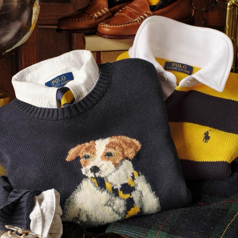 Pre-owned Polo Ralph Lauren Kids' Blue Dog-Print Sweater Boys XL (18-20)